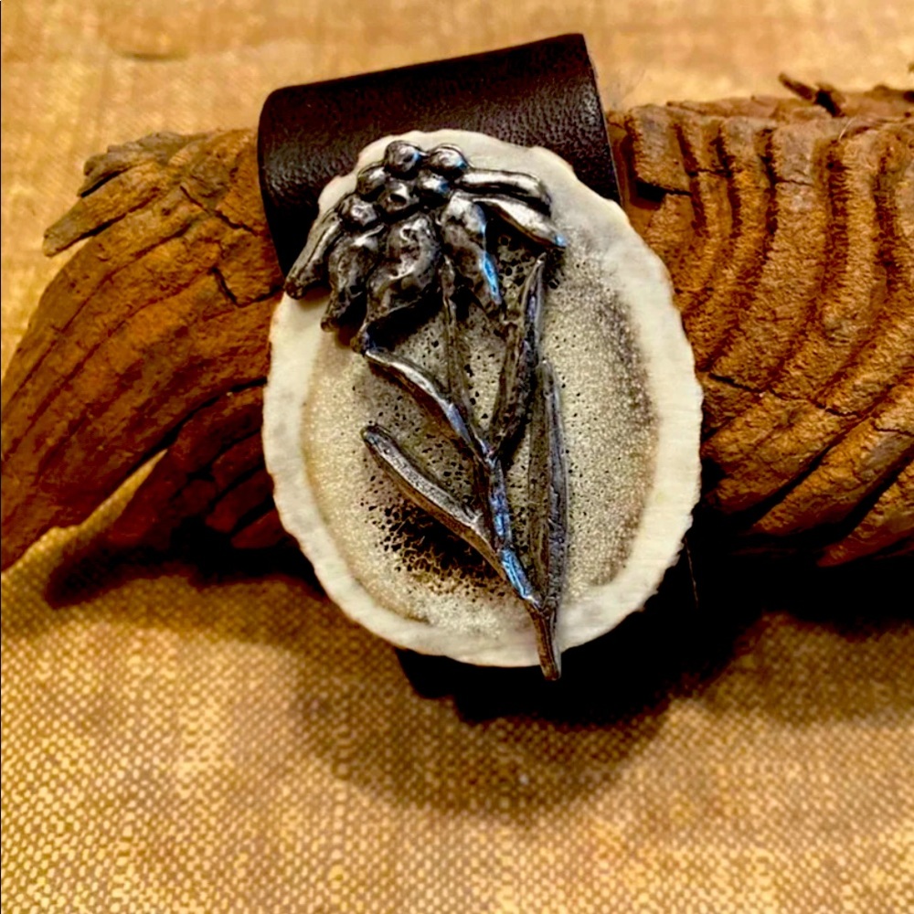 Handmade leather snap bracelet, antler & pewter